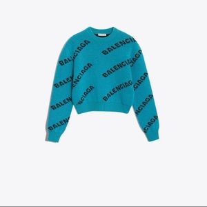 Balenciaga Jacquard Logo Crewneck Turquoise Cropped Sweater